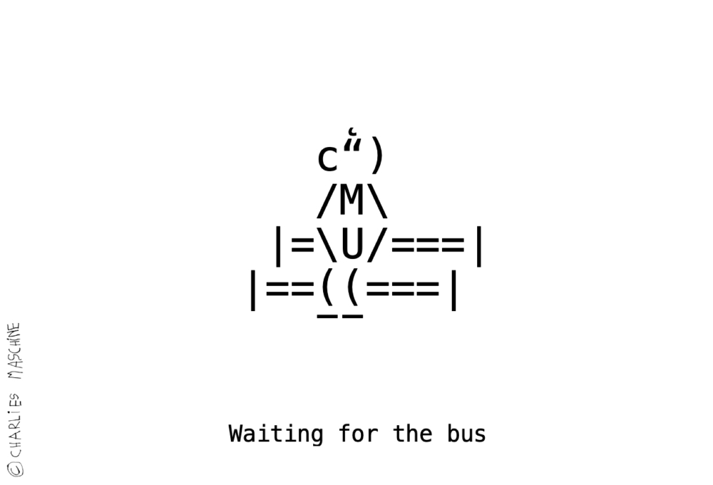 man on bench, laptop  - ascii art; Charlie 14 Jahre