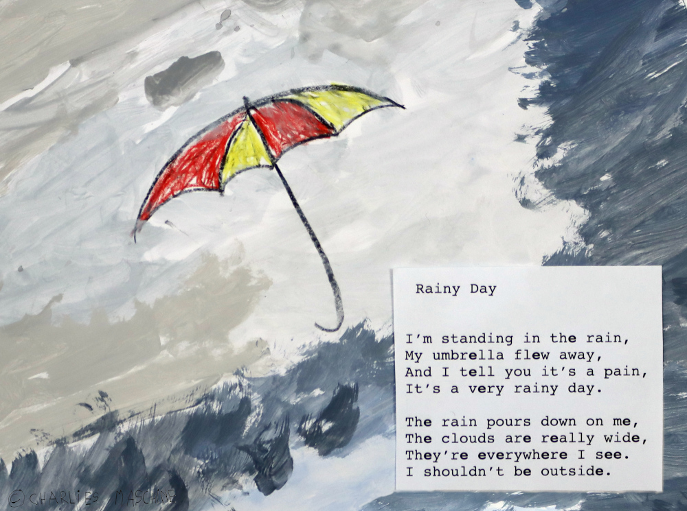 Rainy Day - Wasserfarbe + Wachsmalstift, Charlie 7 Jahre - Gedicht, Charlie 11 Jahre