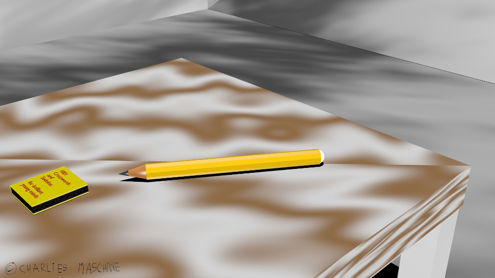 Bleistift und Buch auf dem Tisch – 3D-rendering in Blender; Charlie 10 Jahre