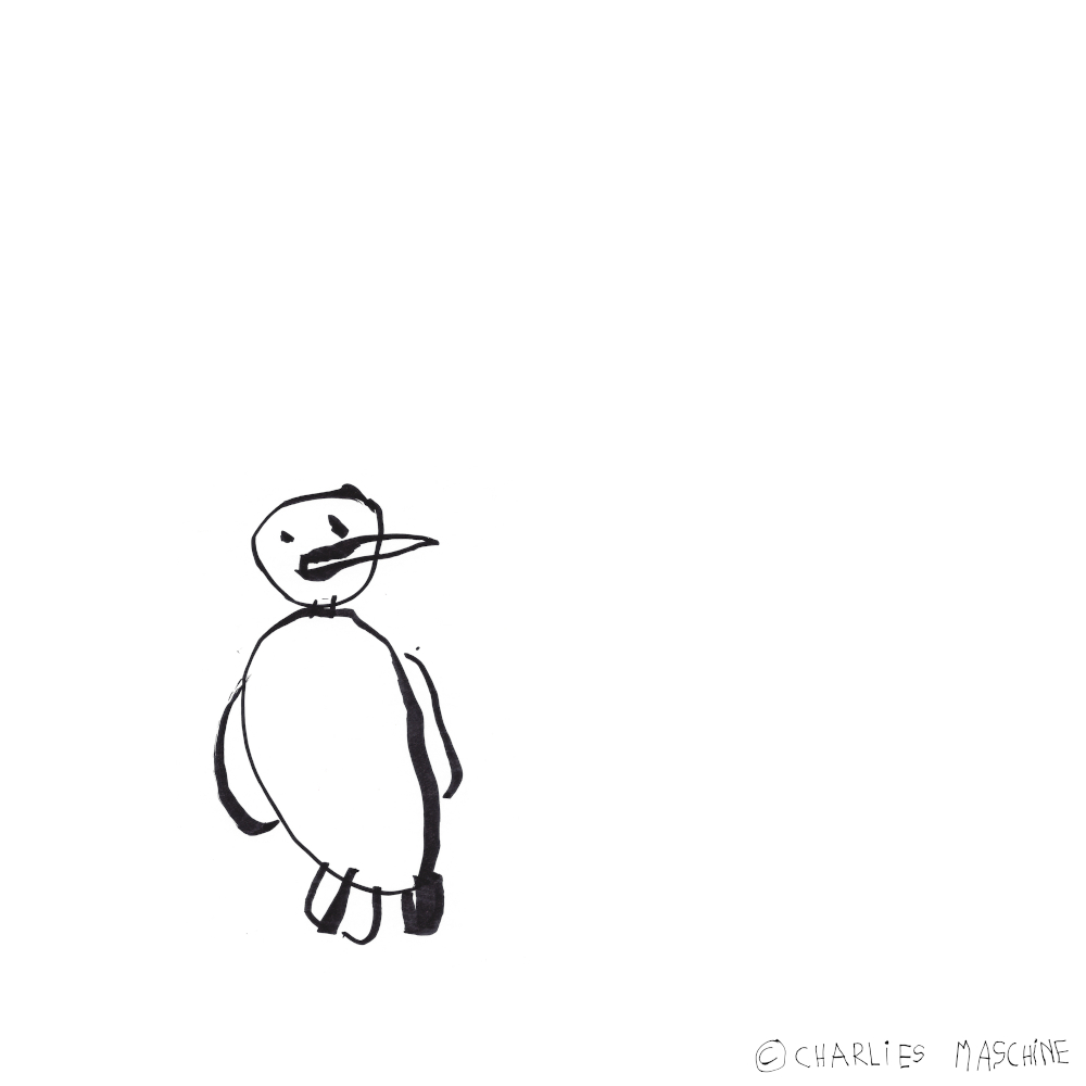 Pinguin – Wunderstiftzeichnung (schwarzer permanent marker); Charlie 5½ Jahre