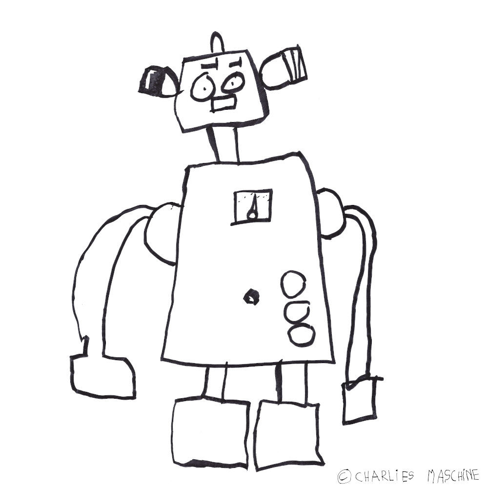 Roboter – Wunderstiftzeichnung (schwarzer permanent marker); Charlie 5½ Jahre