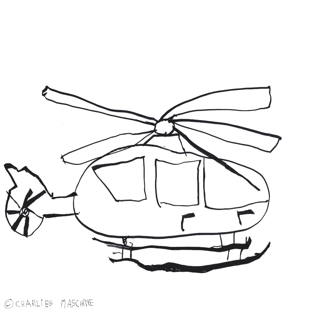 Hubschrauber – Wunderstiftzeichnung (schwarzer permanent marker); Charlie 5½ Jahre