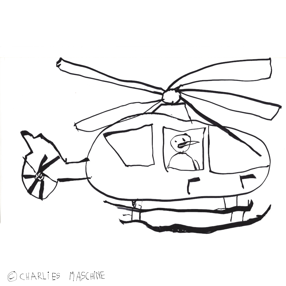 penguin in helicopter – permanent marker; Charlie age 5