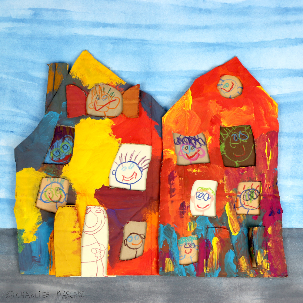 Überall wohnen Leute“ (there are people living everywhere) – collage cardboard houses, painted people; Charlie age 4